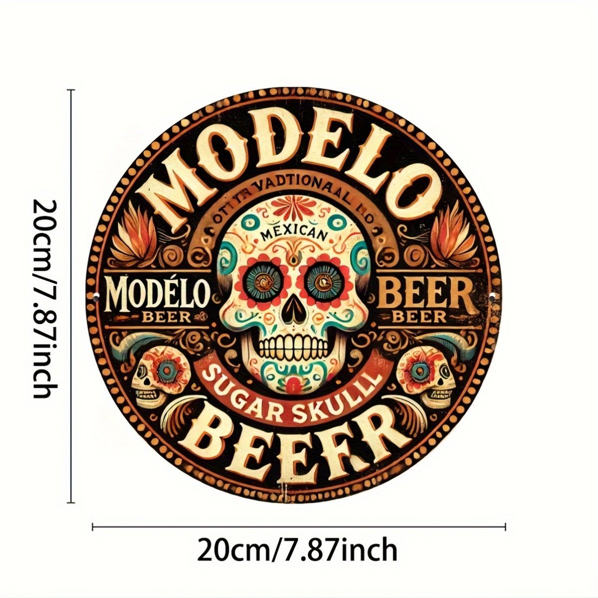 Aluminum Sugar Skull Beer Sign – 1 Piece Modelo Inspired Vintage Metal Wall Art, Waterproof No-Fade Decor for Home, Kitchen, Bar, Cafe, Garage – 7.8″ Round Foil Engraving Plaque with Heat & Cold Resistance