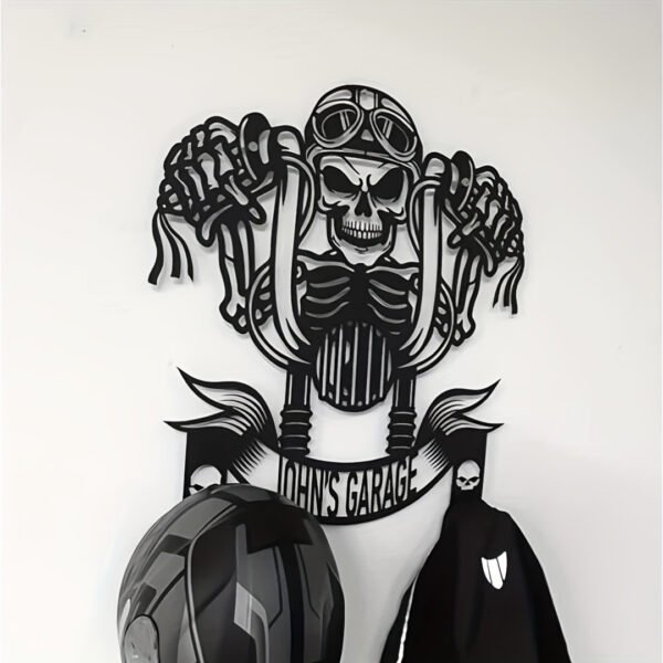 1pc Bohemian Style Metal Wall Art - Skull Motorcycle Rider with Goggles & Leather Jacket Design | Personalized Name Option | Durable Black & White Decor for Biker Bars & Home | Ideal Gift for Motorcycle Enthusiasts | Bohemian Decor - Image 6