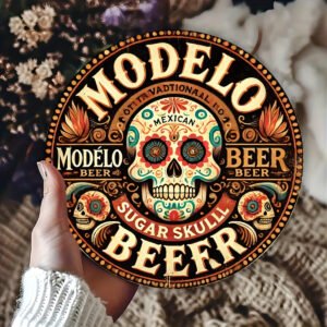 Aluminum Sugar Skull Beer Sign - 1 Piece Modelo Inspired Vintage Metal Wall Art, Waterproof No-Fade Decor for Home, Kitchen, Bar, Cafe, Garage - 7.8" Round Foil Engraving Plaque with Heat & Cold Resistance