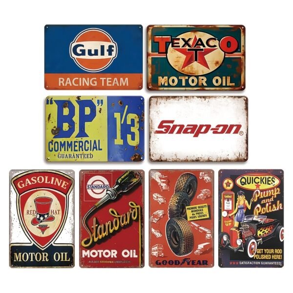 2D 8pcs Retro Metallic Signboard - Pump and Engine Oil Pattern for Home, Bar, Men'S Cave and Garage Decorations | Weatherproof and Pre-Drilled - Image 3