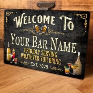 1pc Personalized Vintage Bar Name Metal Sign - Custom Text Aluminum, Black Wood Design with Beer Mugs & Bottles, 8x12 Inch, Perfect for Home or Pub Decor, Metal Wall Art Decor, 2D Flat, Perfect for Room Decor
