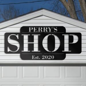 1pc Personalized Custom Metal Sign "Perry's Shop" - Durable Outdoor Decor, Black & White Address Plaque with Established Year, Wall Mount, No Electricity Needed, for Home or Business, Metal Outdoor Decor