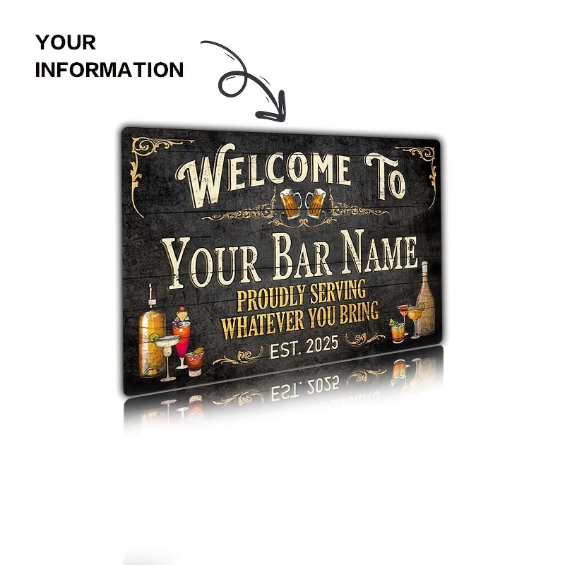 1pc Personalized Vintage Bar Name Metal Sign – Custom Text Aluminum, Black Wood Design with Beer Mugs & Bottles, 8×12 Inch, Perfect for Home or Pub Decor, Metal Wall Art Decor, 2D Flat, Perfect for Room Decor