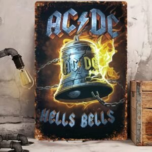 AC/DC Hells Bells Vintage Metal Tin Sign - 8"x12" Art Deco Iron Wall Hanging Decor, Multipurpose Room & Bar Home Decor, Farmhouse Style, Retro Decorative Plaque with English Text for Indoor & Outdoor Use