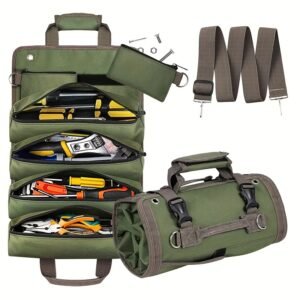 Heavy Duty Roll Up Tool Bag with Detachable Pouches, Portable Tool Organizer for Electricians, Mechanics, and Fathers' Day Gifts