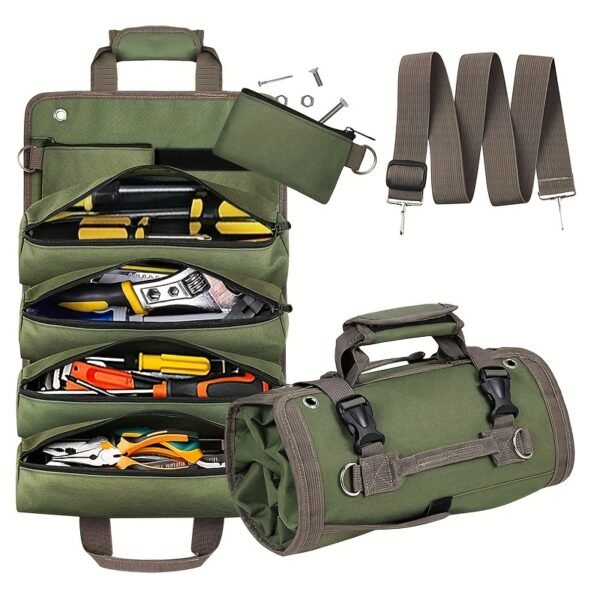 Heavy Duty Roll Up Tool Bag with Detachable Pouches, Portable Tool Organizer for Electricians, Mechanics, and Fathers' Day Gifts