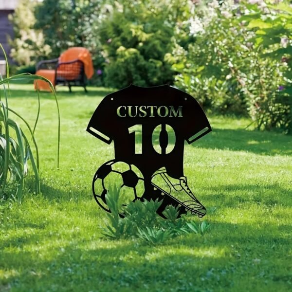 Personalized Soccer Sign Metal Wall Art Deco - Custom Name & Number Football Jersey Wall Decor, Reusable Pre-pasted Matte Metal Mural for Home Decor, Detachable Artistic Sports-Themed Gift - Image 2