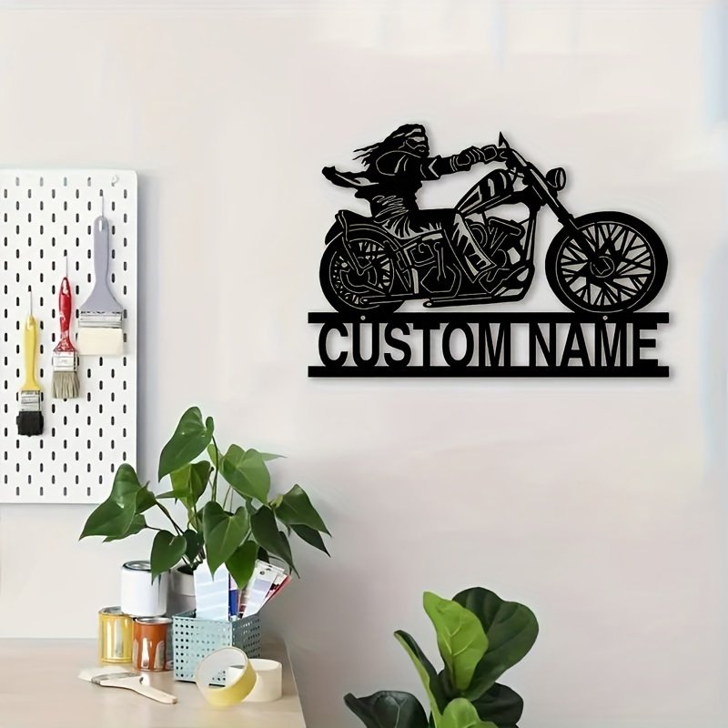 Personalized Biker Metal Wall Art, Custom Name Motorcycle Sign, Art Deco Style Reusable Metal Wall Decor for Porch and Patio, Customizable Motorcyclist Silhouette for Home and Gifting