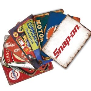 2D 8pcs Retro Metallic Signboard - Pump and Engine Oil Pattern for Home, Bar, Men'S Cave and Garage Decorations | Weatherproof and Pre-Drilled