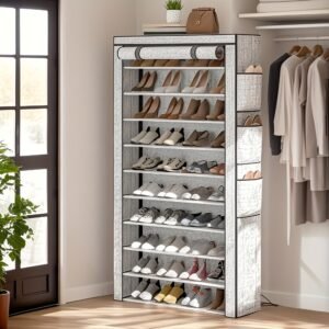 10 Tier Shoe Rack Grey Shoe Storage Large Capacity 50-56 Pairs Beautiful Tall Shoe Shelf Shoe Storage Cabinet Shoe Racks For Entryway Closet