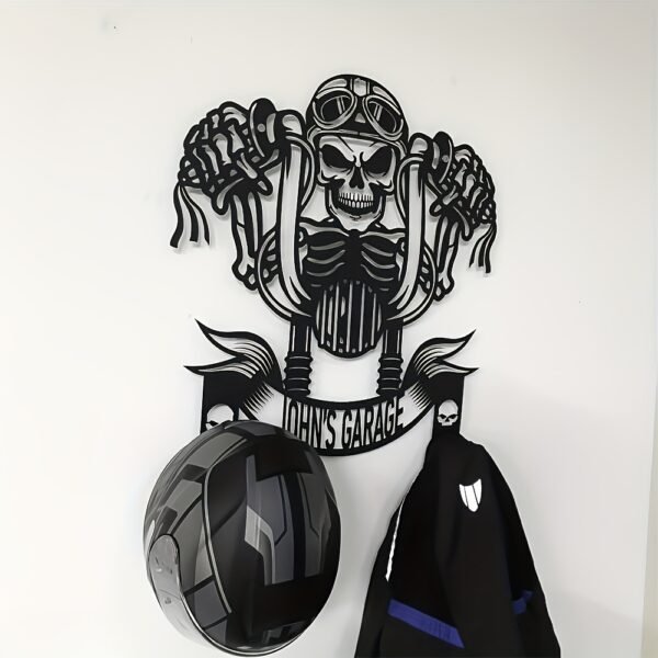 1pc Bohemian Style Metal Wall Art - Skull Motorcycle Rider with Goggles & Leather Jacket Design | Personalized Name Option | Durable Black & White Decor for Biker Bars & Home | Ideal Gift for Motorcycle Enthusiasts | Bohemian Decor - Image 4