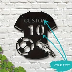 Personalized Soccer Sign Metal Wall Art Deco - Custom Name & Number Football Jersey Wall Decor, Reusable Pre-pasted Matte Metal Mural for Home Decor, Detachable Artistic Sports-Themed Gift
