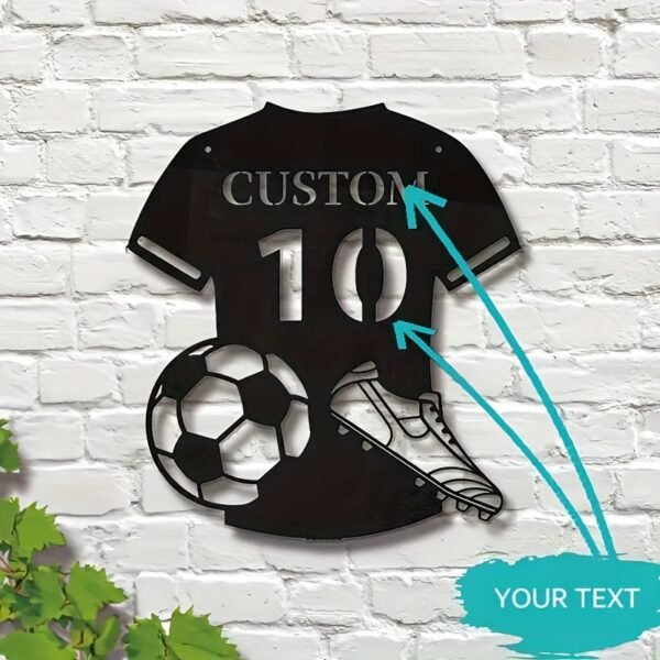 Personalized Soccer Sign Metal Wall Art Deco - Custom Name & Number Football Jersey Wall Decor, Reusable Pre-pasted Matte Metal Mural for Home Decor, Detachable Artistic Sports-Themed Gift