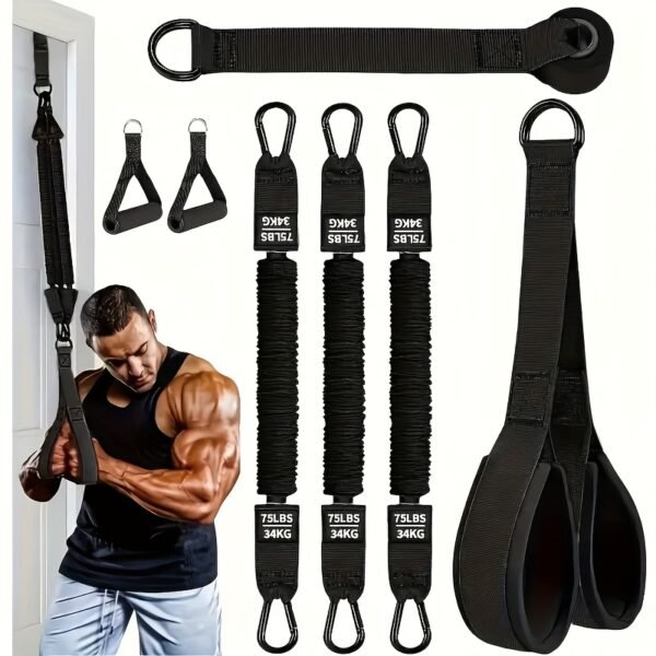 The 5pcs multifunctional heavy-duty upper arm strength training kit, made of latex, includes 2 handles, a door anchor, a foot support and 3 75-pound resistance bands, designed for tricep pushes, face pulls, bicep rotations and upper arm, back, abs an, Perfect for Thanksgiving - Image 4