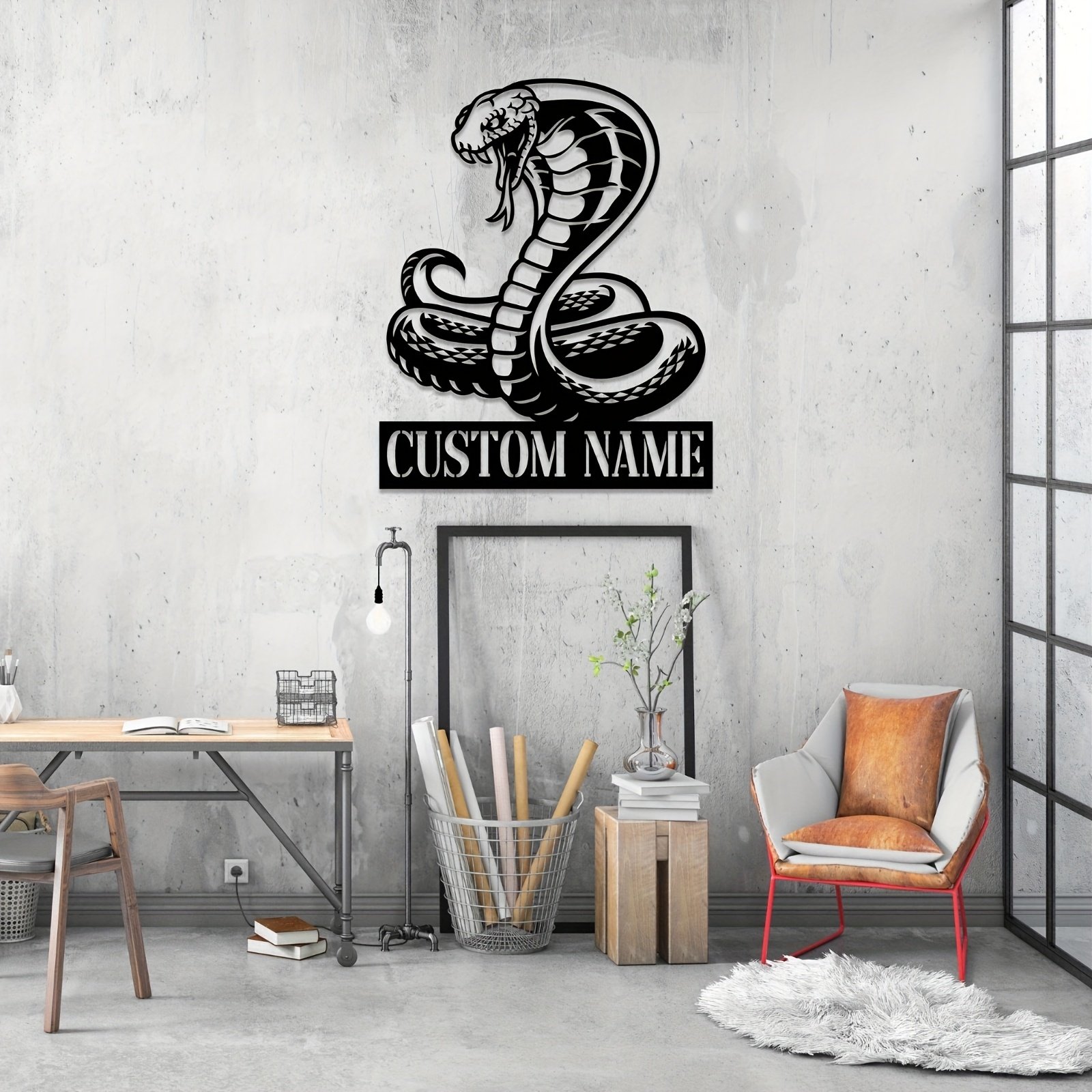 Personalized King Cobra Metal Wall Art Sign – Custom Name Decorative Plaque for Home, Office, or Gift – Black and White Snake Design with Textured Lettering, Perfect for Door, Wall, or Address Display, Snake Decor
