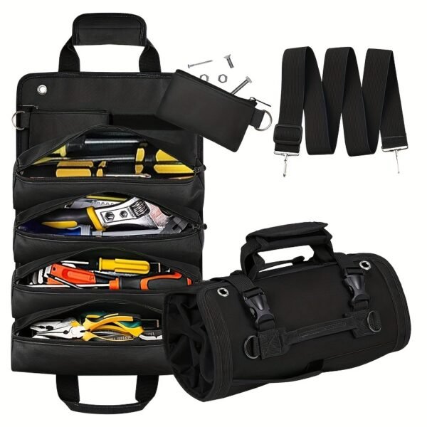 Heavy Duty Roll Up Tool Bag with Detachable Pouches, Portable Tool Organizer for Electricians, Mechanics, and Fathers' Day Gifts - Image 2