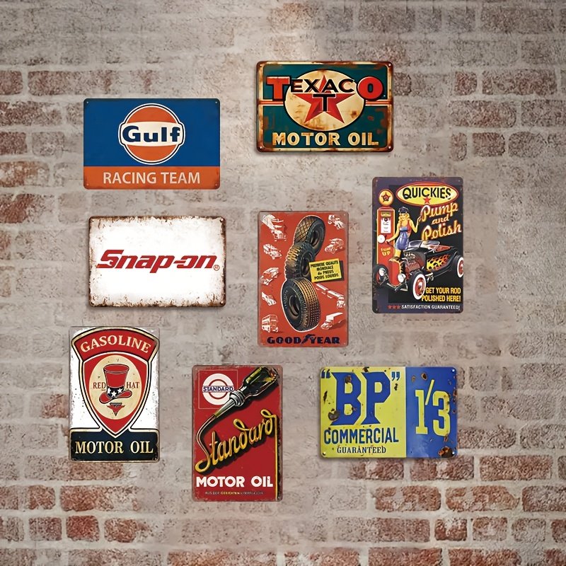 2D 8pcs Retro Metallic Signboard – Pump and Engine Oil Pattern for Home, Bar, Men’S Cave and Garage Decorations | Weatherproof and Pre-Drilled