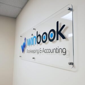 [2D Flat] Customizable Acrylic Office Sign - "Winbook Bookkeeping & Accounting" Personalized Glass Door Plaque with Professional Blue & Black Design, Ideal for Home & Office Decor, Indoor/Outdoor Use, Office Signage | Modern Office Decor | Durable Sign Material, Bookkeeping Services