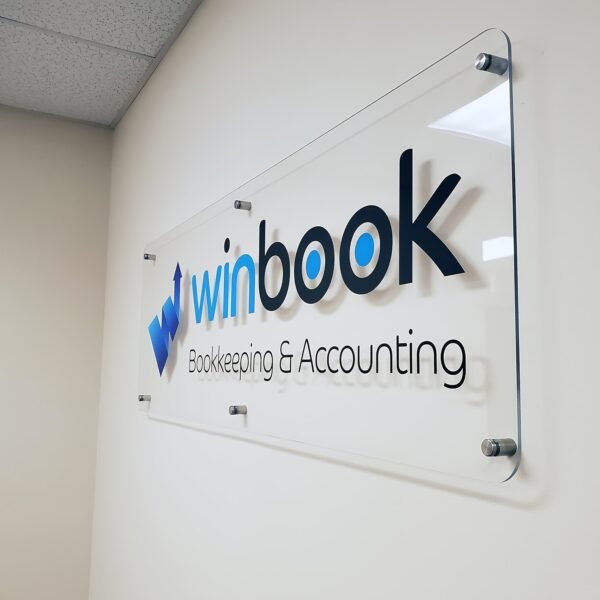 [2D Flat] Customizable Acrylic Office Sign - "Winbook Bookkeeping & Accounting" Personalized Glass Door Plaque with Professional Blue & Black Design, Ideal for Home & Office Decor, Indoor/Outdoor Use, Office Signage | Modern Office Decor | Durable Sign Material, Bookkeeping Services