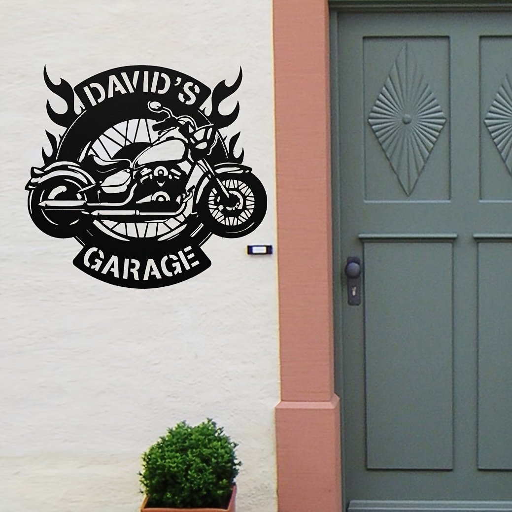 [Vintage Charm] Customizable Motorcycle Metal Wall Art Sign – Personalized Home, Door, and Outdoor Decor with “David’s Garage” Design, Perfect for Motorcycle Enthusiasts and Unique Gift Ideas, Home Decor Sign | Bold Wall Art | Black Metal Art