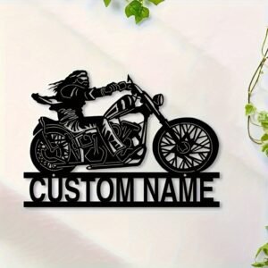Personalized Biker Metal Wall Art, Custom Name Motorcycle Sign, Art Deco Style Reusable Metal Wall Decor for Porch and Patio, Customizable Motorcyclist Silhouette for Home and Gifting