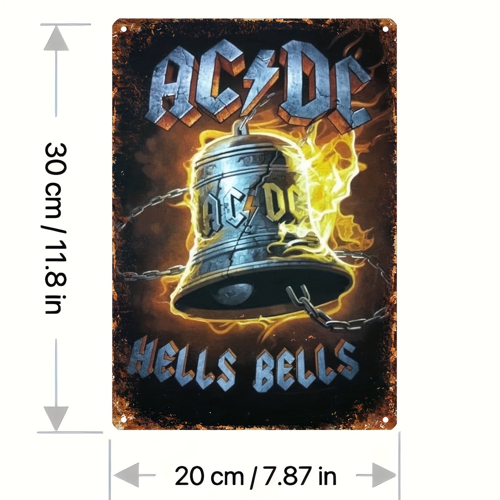 AC/DC Hells Bells Vintage Metal Tin Sign – 8″x12″ Art Deco Iron Wall Hanging Decor, Multipurpose Room & Bar Home Decor, Farmhouse Style, Retro Decorative Plaque with English Text for Indoor & Outdoor Use