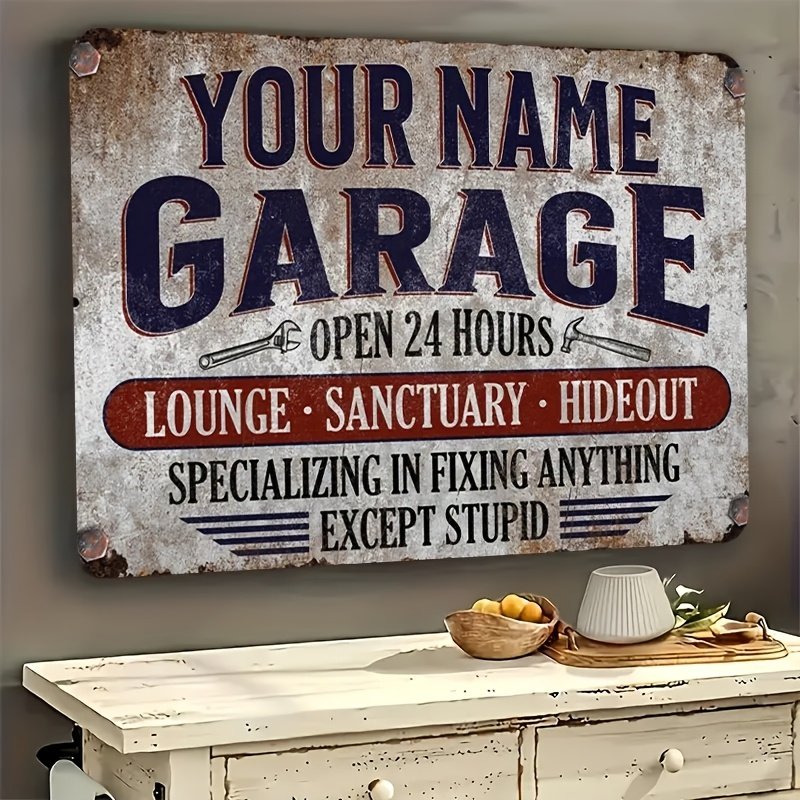Customizable Vintage Metal Garage Sign – Classic Nameplate, Scratch-Resistant and Waterproof, High-Gloss Aluminum Wall Decor for Man Cave, Perfect for Home Entrance and More, No Power Needed, Garage Decor, Rest Room Sanctuary, Multipurpose Decor