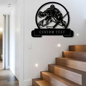 Custom Hockey Player Metal Wall Art - Personalized Name Decor for Bedroom, Kitchen, Living Room, Office, Patio - 15.74 Inch Farmhouse Style Metal Sign with Ice Hockey Design - Perfect Gift for Sports Fans, Sports Room Decor | Bohemian Style Decor | Sleek Black Finish