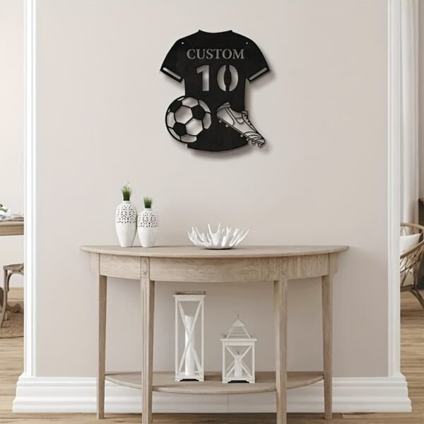Personalized Soccer Sign Metal Wall Art Deco - Custom Name & Number Football Jersey Wall Decor, Reusable Pre-pasted Matte Metal Mural for Home Decor, Detachable Artistic Sports-Themed Gift - Image 5