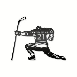 Customized Hockey Metal Wall Art Sign, Personalized Name Iron Decor, Ice Hockey Player Silhouette Display for Sports Memorabilia and Room Decor - Includes No-Trace Dual-Sided Tape, Bohemian Style, Perfect for Diwali