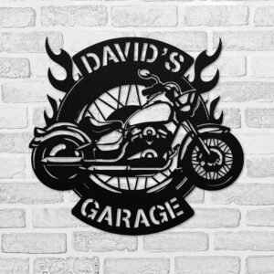 [Vintage Charm] Customizable Motorcycle Metal Wall Art Sign – Personalized Home, Door, and Outdoor Decor with "David's Garage" Design, Perfect for Motorcycle Enthusiasts and Unique Gift Ideas, Home Decor Sign | Bold Wall Art | Black Metal Art