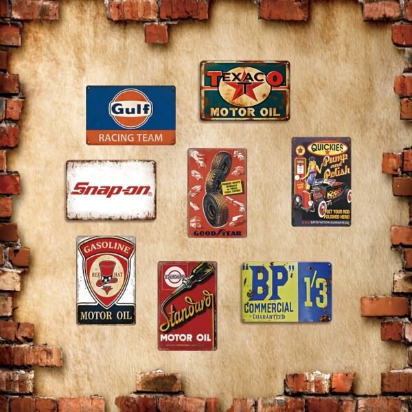 2D 8pcs Retro Metallic Signboard - Pump and Engine Oil Pattern for Home, Bar, Men'S Cave and Garage Decorations | Weatherproof and Pre-Drilled - Image 5