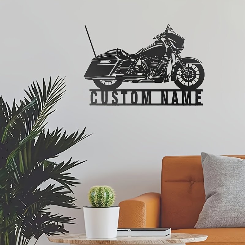 Customizable Motorcycle Metal Wall Art with Personalized Name Plate – Vintage Style Decor for Garage & Home, Ideal Gift for Bikers & Enthusiasts, No Power Needed, Featherless, Motorcycle Accessories