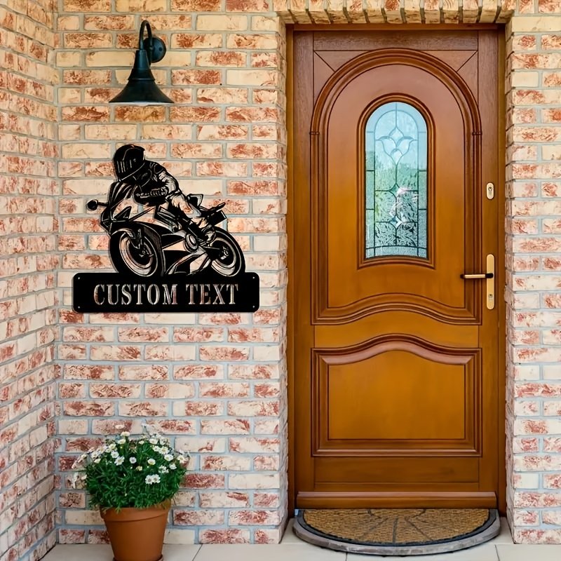 Custom Motorcycle Rider Metal Wall Sign – Personalized Family Name & Door Number, Indoor/Outdoor Decor, Rustic Home Accent, Ideal Housewarming Gift, Country Style, Wall Plaque