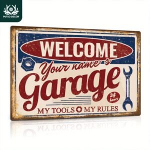Personalized Vintage Garage Sign - Custom Name "Welcome's Your Garage," Rustic Metal Wall Decor for Man Cave, Indoor/Outdoor Use, 12x8 Inches, Red & Blue Distressed Design with Wrench & Toolbox Illustrations, Garage Wall Decor | Vintage Aesthetic | Crafted Metal Sign, Garage Accessories