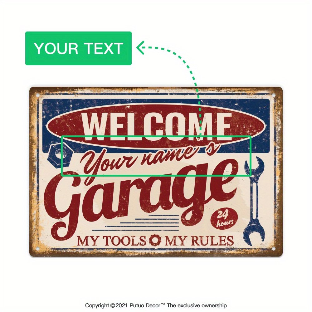 Personalized Vintage Garage Sign – Custom Name “Welcome’s Your Garage,” Rustic Metal Wall Decor for Man Cave, Indoor/Outdoor Use, 12×8 Inches, Red & Blue Distressed Design with Wrench & Toolbox Illustrations, Garage Wall Decor | Vintage Aesthetic | Crafted Metal Sign, Garage Accessories