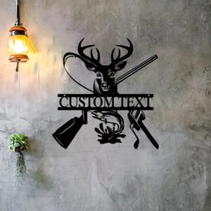 Customizable Iron Wall Art - Vintage Deer & Fish Hook Metal Sign, Multipurpose Hanging Hunting Decor for Cabin, Custom Text Option