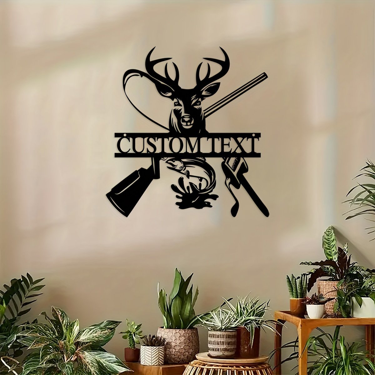 Customizable Iron Wall Art – Vintage Deer & Fish Hook Metal Sign, Multipurpose Hanging Hunting Decor for Cabin, Custom Text Option
