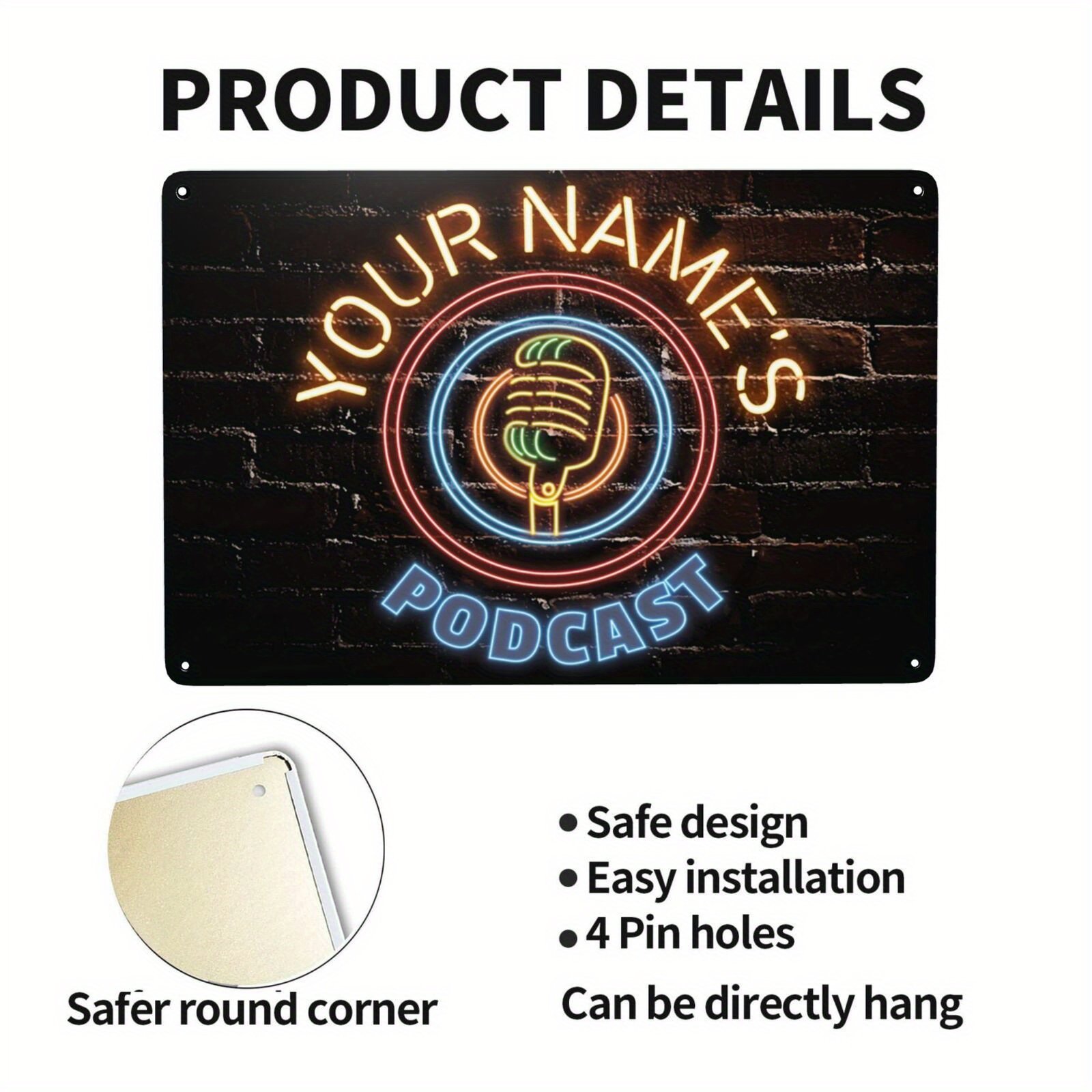 Room Decor 1pc Customizable Metal Sign for Podcast – Personalized Neon Light Style Wall Art with Your Name or Text, Durable Metal Plaque, Easy Installation, 8×12 inches (20x30cm)