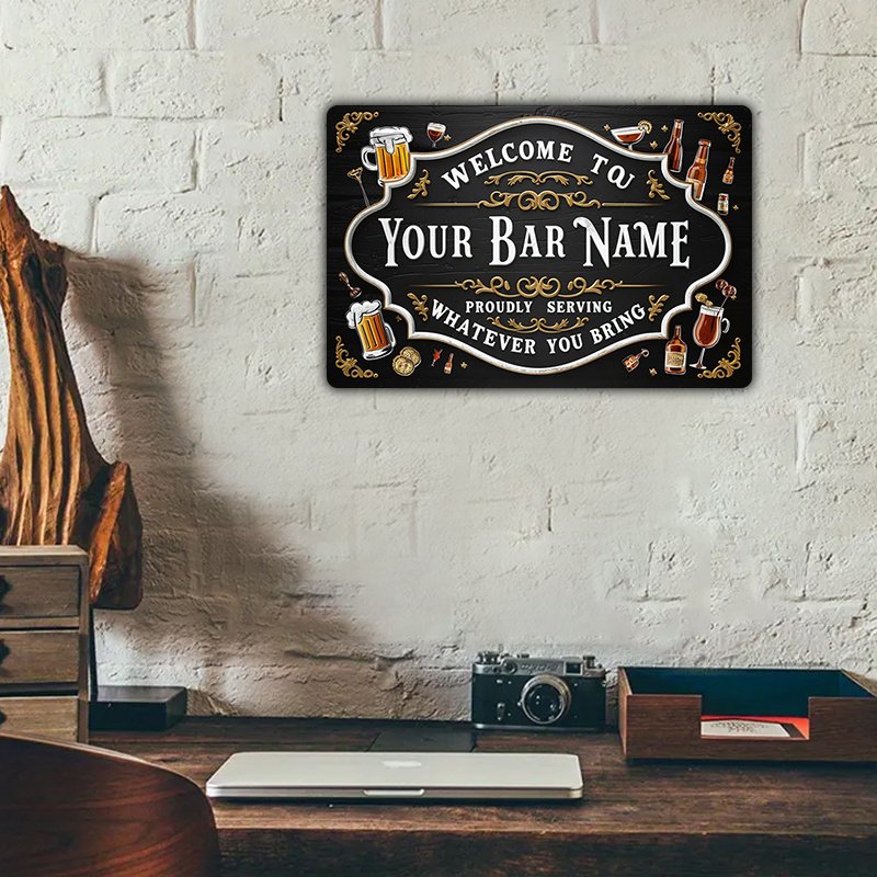 Customizable Vintage Metal Bar Sign – “Welcome to Your Bar Name” Text, Personalized Aluminum Decor for Home & Tavern, Beer & Spirits Theme, No Battery Required, 8×12 Inch