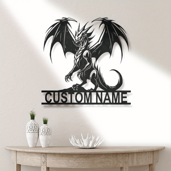 Personalized Dragon Metal Wall Art with Custom Name or Text, Art Deco Style Iron Wall Sculpture for Home and Outdoor Decor, Ideal for Porch and Patio, Unique Christmas Gift for Friends - 1pc