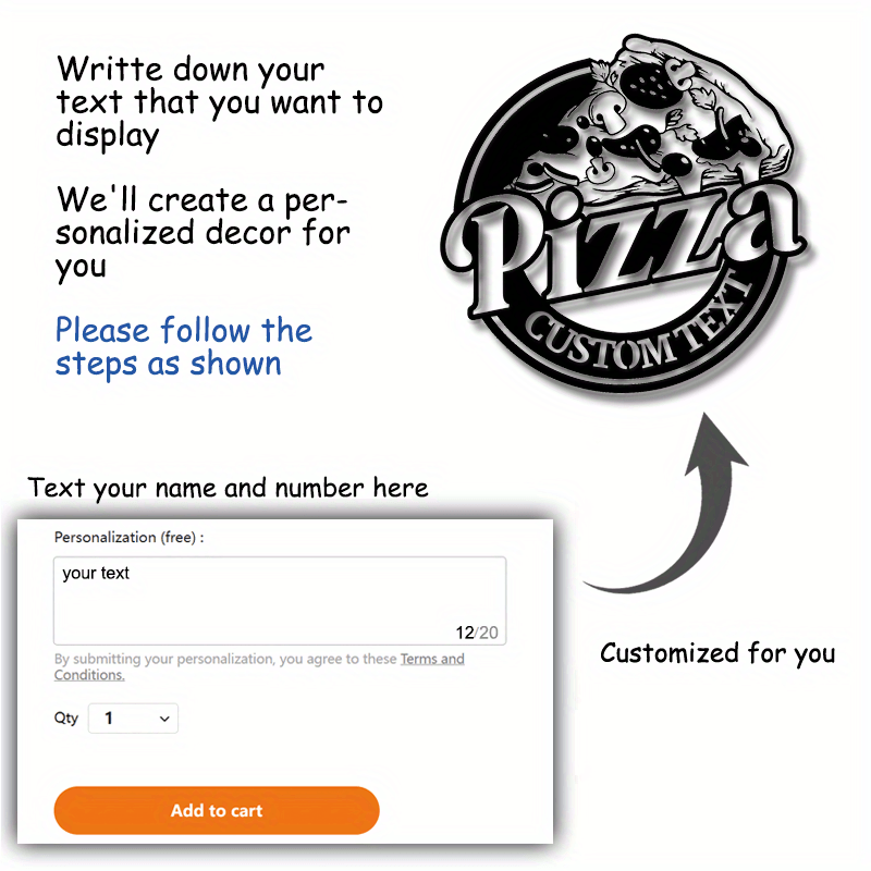 Customizable Pizza Metal Wall Art Sign – Personalized Italian Restaurant & Pizza Shop Decor, Black & White Pepperoni Design, Durable Metal Material for Indoor or Outdoor Use