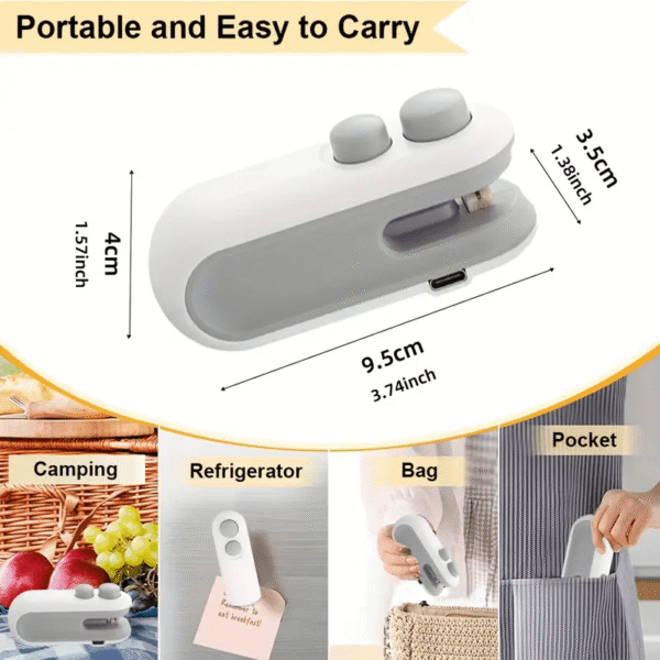 Portable USB Rechargeable Snack Bag Sealer with Cutter – Compact Heat Vacuum Sealer for Fresh Food Storage, 150mAh Lithium Battery, White & Gray Design, Ergonomic Handle for Easy Use, Ideal for Kitchen & On-the-Go Food Preservation, Onthego Sealing | Sleek Design | Durable Plastic, Reusable Food Storage Bags - Image 2