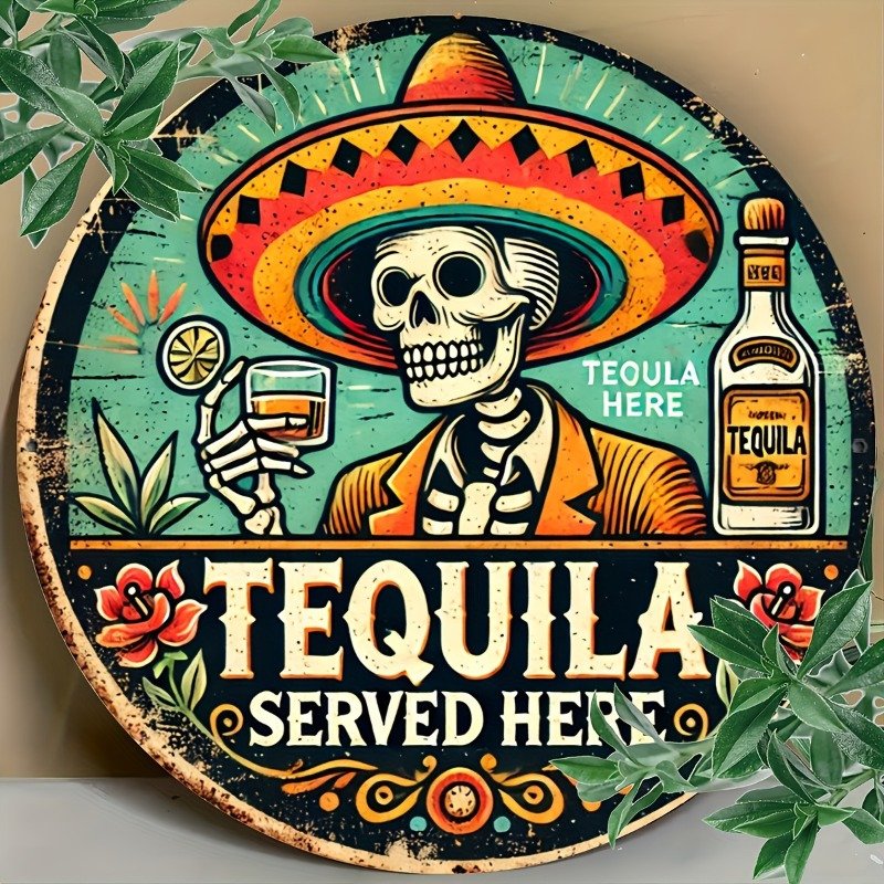 1pc Vintage Tequila Served Here Metal Sign, 7.8″ Round Wall Art, Retro Decor for Bedroom, Living Room, Home Bar, Cafe, Garage – Ideal Gift for Friends and Family, Wall Hanging, Multipurpose, No Electricity Needed