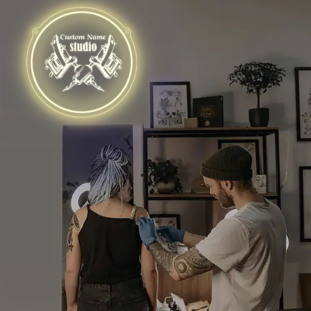 1pc Custom Name Neon Sign – Round Shape Tattoo Design, USB-Powered Acrylic Wall Decor for Business Stores, Parties, and Housewarming Gifts, Personalized Studio Name Display, Polished Finish, Easy Wall Mount, Neon Signs for Wall Decor