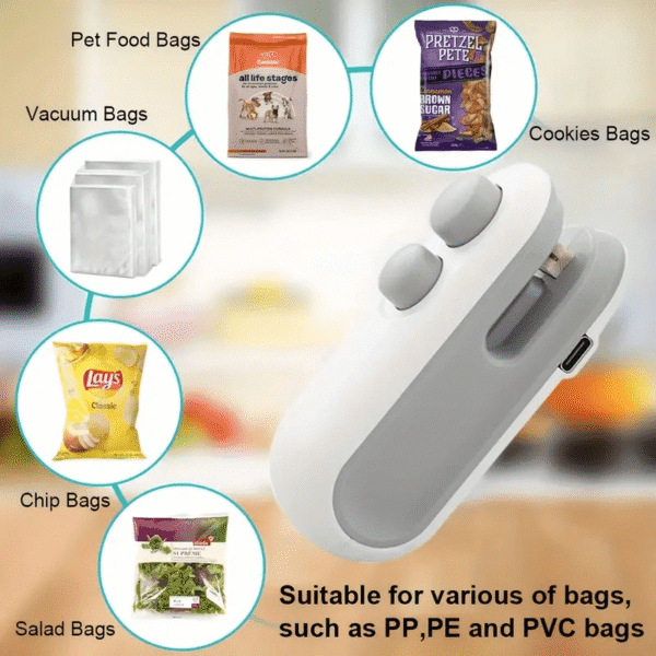 Portable USB Rechargeable Snack Bag Sealer with Cutter – Compact Heat Vacuum Sealer for Fresh Food Storage, 150mAh Lithium Battery, White & Gray Design, Ergonomic Handle for Easy Use, Ideal for Kitchen & On-the-Go Food Preservation, Onthego Sealing | Sleek Design | Durable Plastic, Reusable Food Storage Bags - Image 11