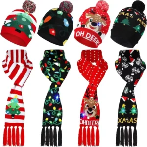 2025 Cute Color 6 LED Christmas Hat And Scarf Leds Flashing Winter Warm Yarn Knitted Cap Christmas Gift For Xmas Party Decor