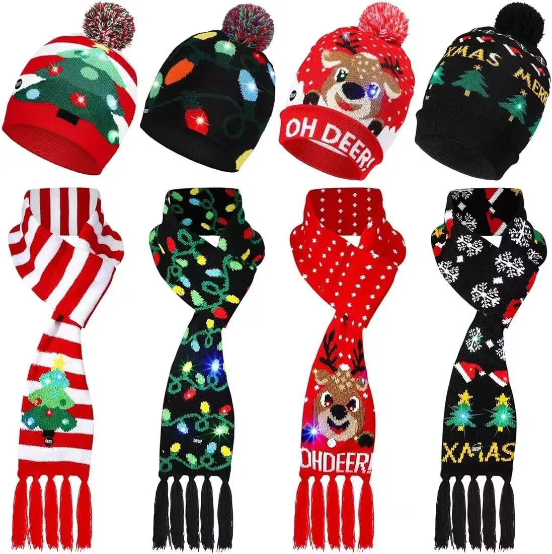 2025 Cute Color 6 LED Christmas Hat And Scarf Leds Flashing Winter Warm Yarn Knitted Cap Christmas Gift For Xmas Party Decor