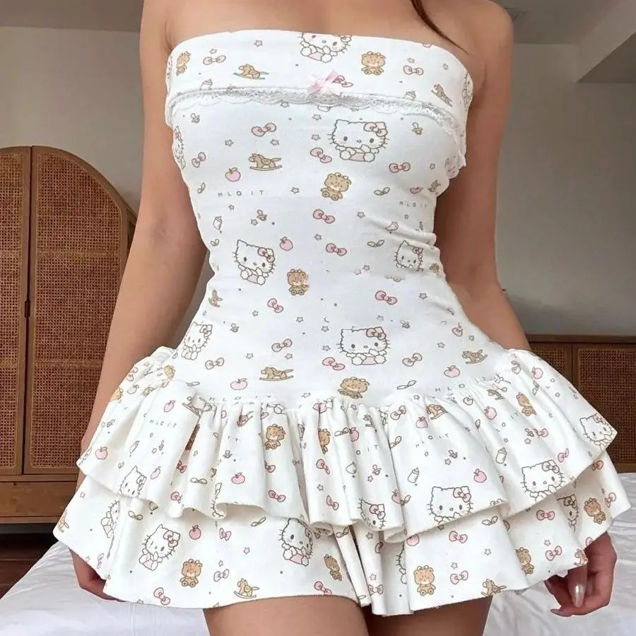 Sanrio Japanese Retro Kawaii Cartoon Kitten Print Dress New Y2K Slim-Fit Cake Skirt Women's Harajuku Sexy Strapless Dresses Hot
