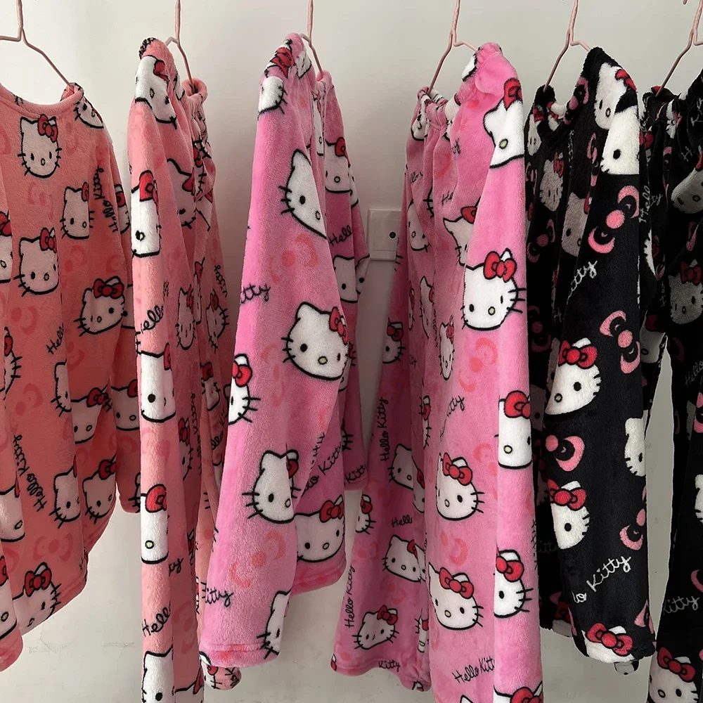 2Pcs/Set Hello Kitty Pajamas Pants Anime Sanrio Sleepcoat Cartoon Cute Home Wear Couple Loungewear Warm Pajama Set Girl’s Gift